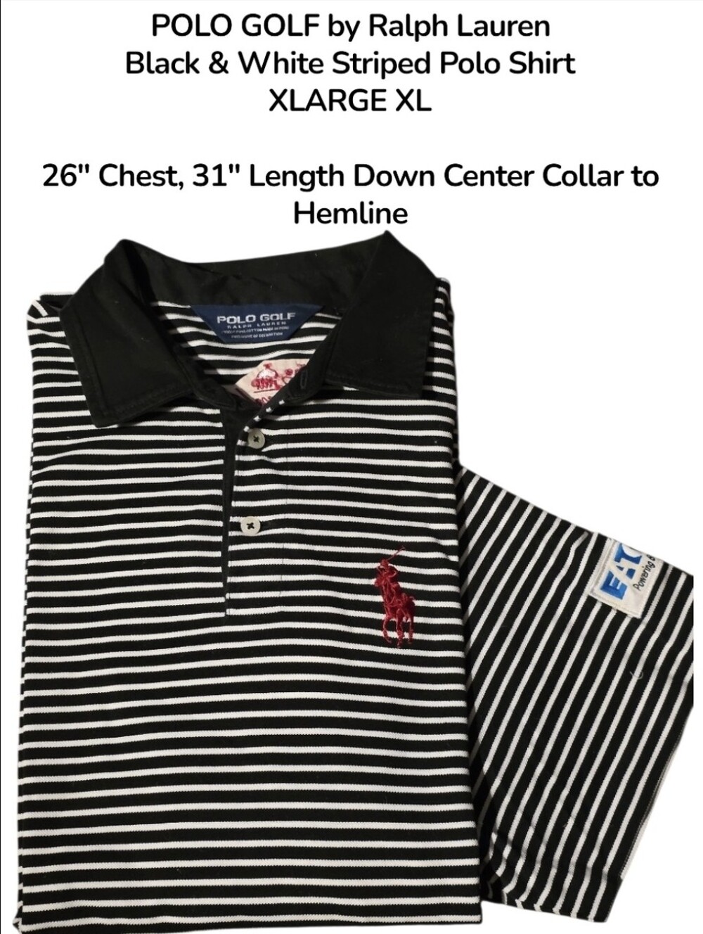 POLO GOLF by RL Blk & Wht Striped Polo, Red Embroidered Logo Men's XL XLARGE EUC